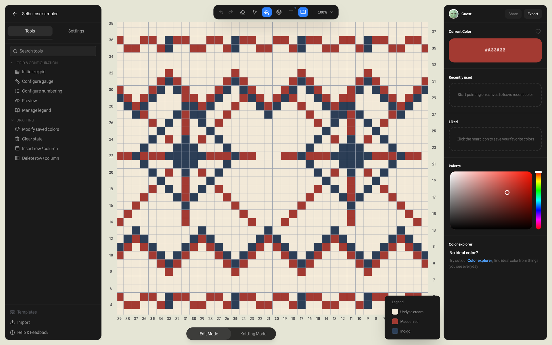 The Chart Minder editor: a 40×40 two-colour Fair Isle chart with two eight-pointed
               Selbu stars, a tools sidebar on the left, colour palette on the right, and a floating
               legend naming the three yarns.