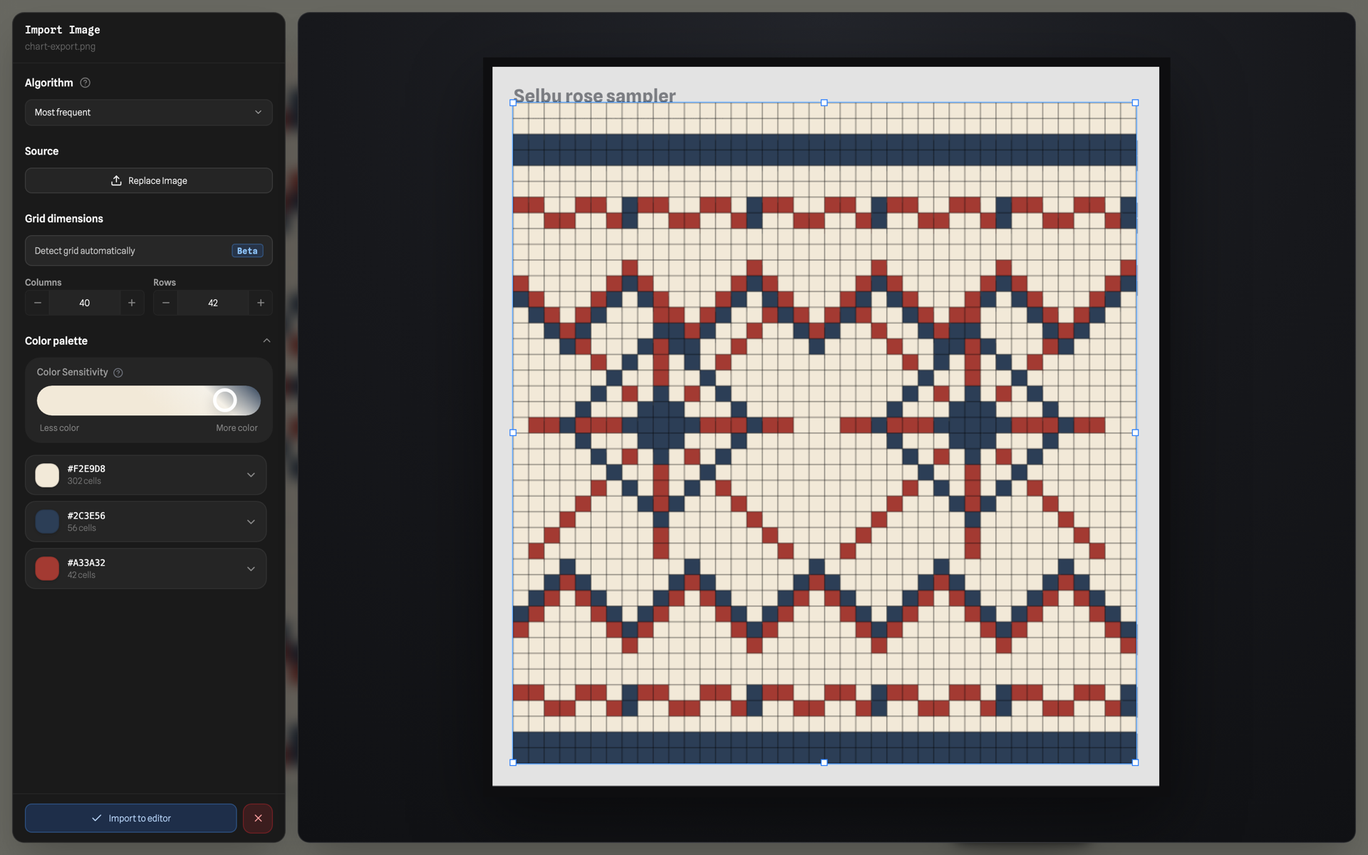 The import workspace: the chart image carries a detected crop rectangle with corner handles; the sidebar shows the sampling algorithm, detected grid dimensions of 40 columns by 42 rows, a color-sensitivity slider, and three extracted colors with their cell counts.