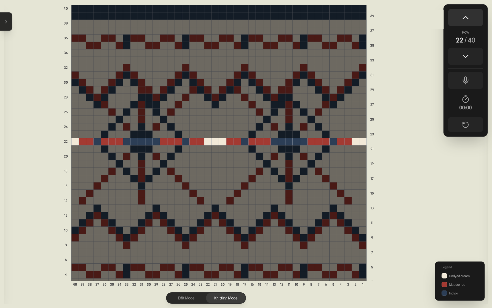 Knitting mode: the whole chart is dimmed except row 22, which is lit at full
               saturation across the width of the chart. A panel on the right shows Row 22 of 40
               with up and down controls and a timer.